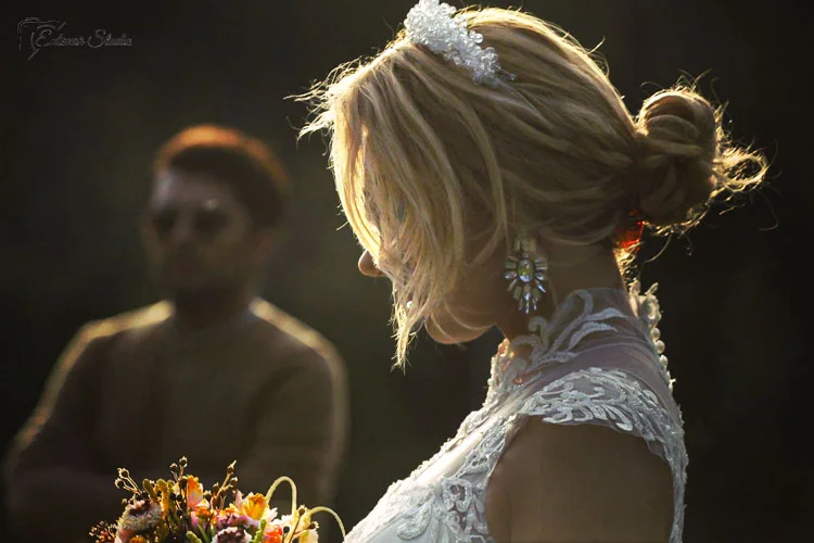 Istanbul wedding photography, bride in orange autumn weather and groom in the background