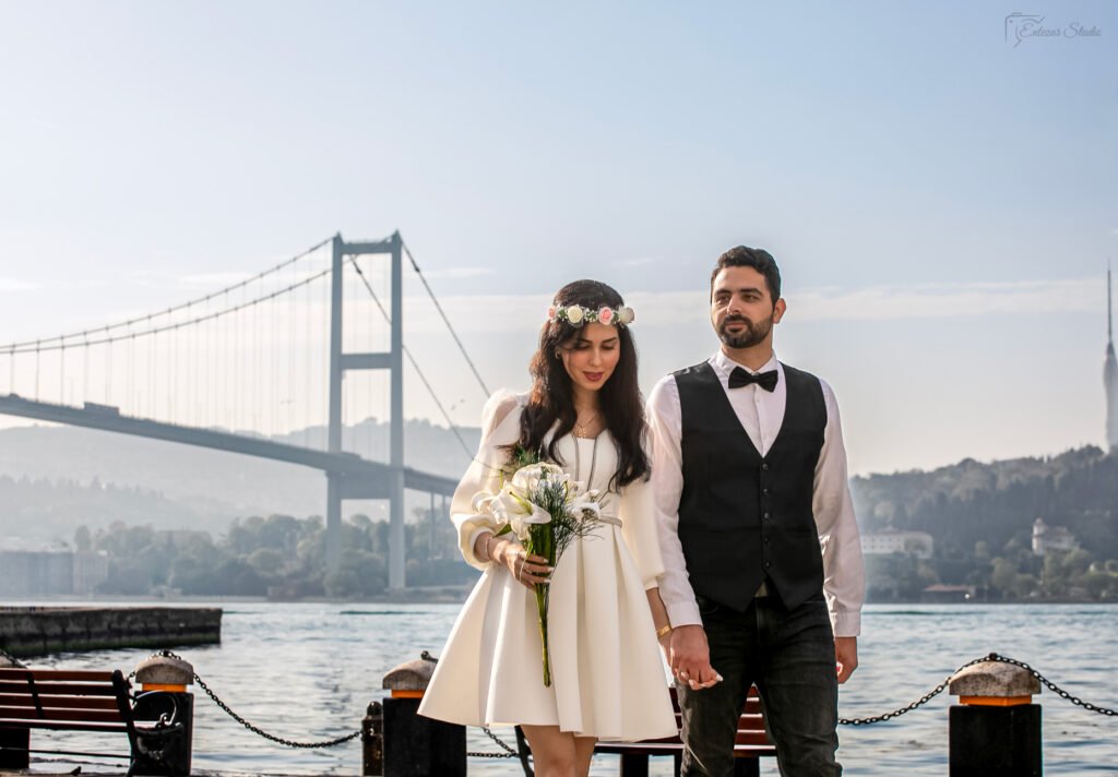 Stunning Istanbul Wedding Photography by Entezar Studio With a view of the Bosphorus Bridge